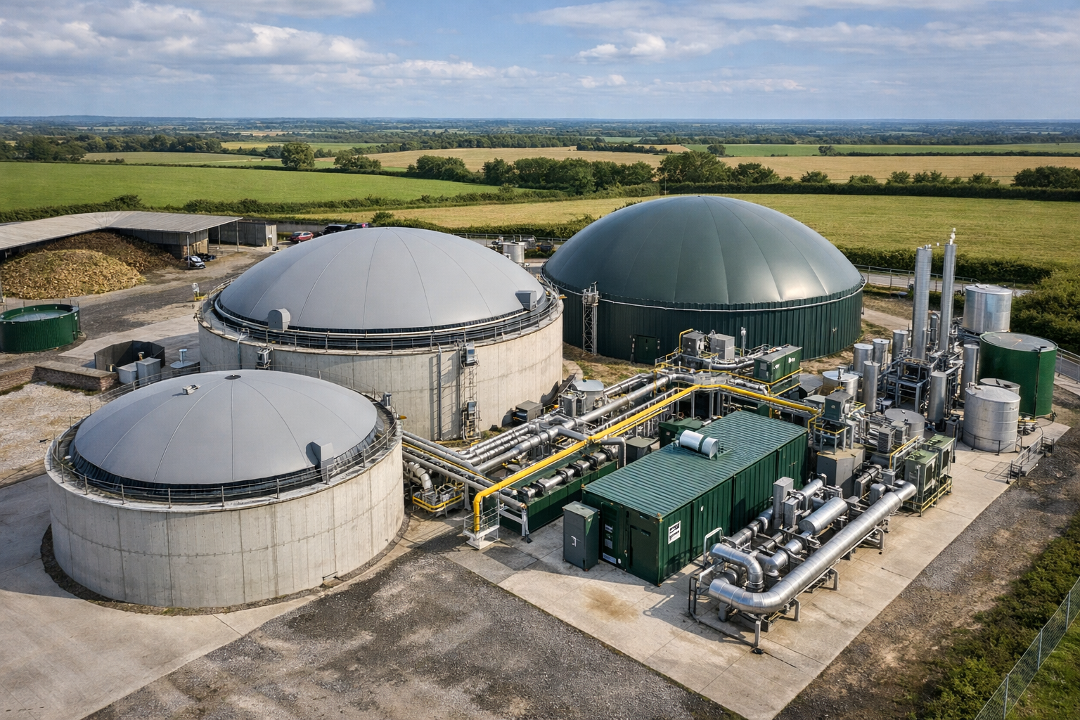 Aerial view of UK anaerobic digestion plant showing digesters, gas holder and CHP