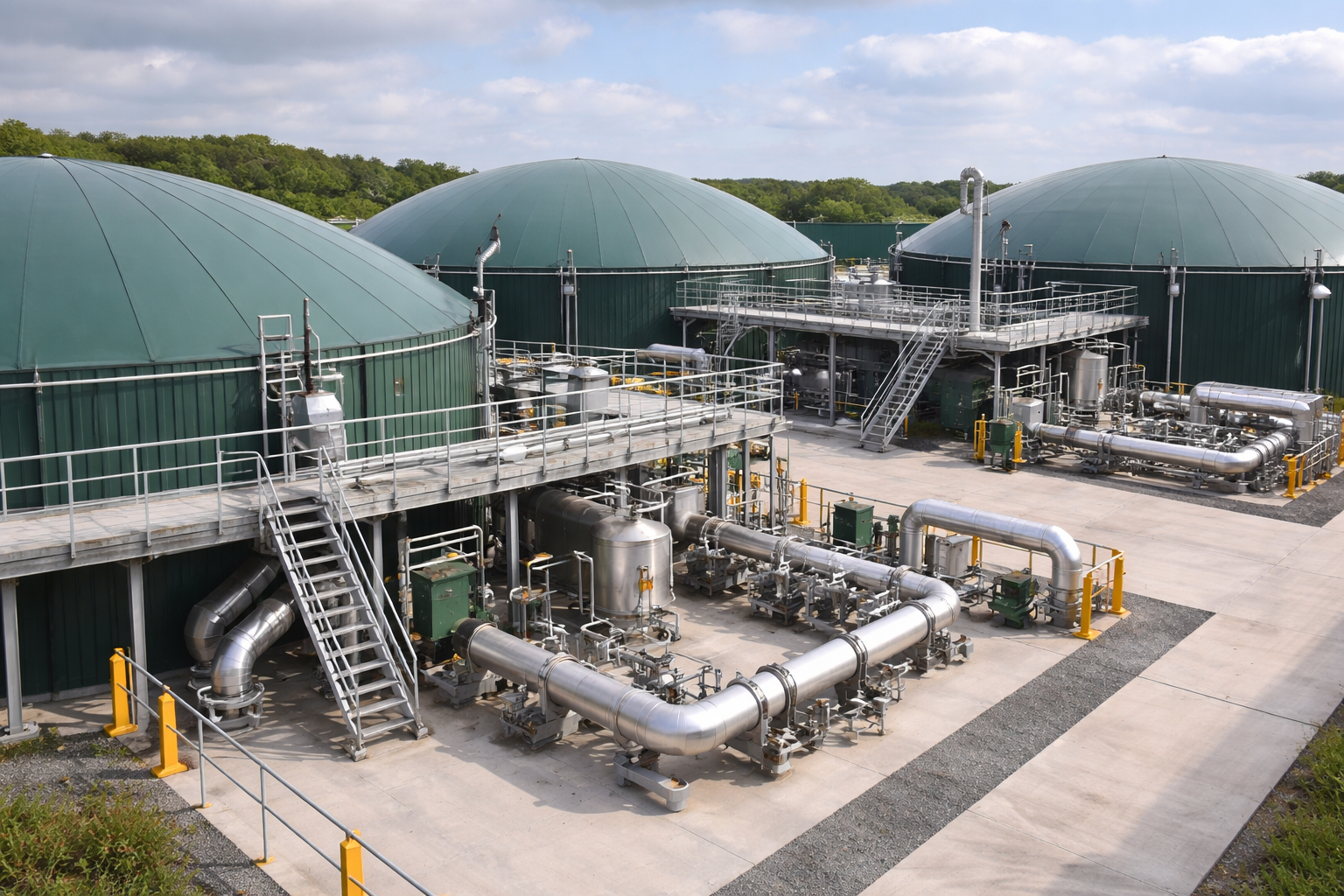 Aerial view of anaerobic digestion plant with covered digesters and steel pipework, UK biogas site