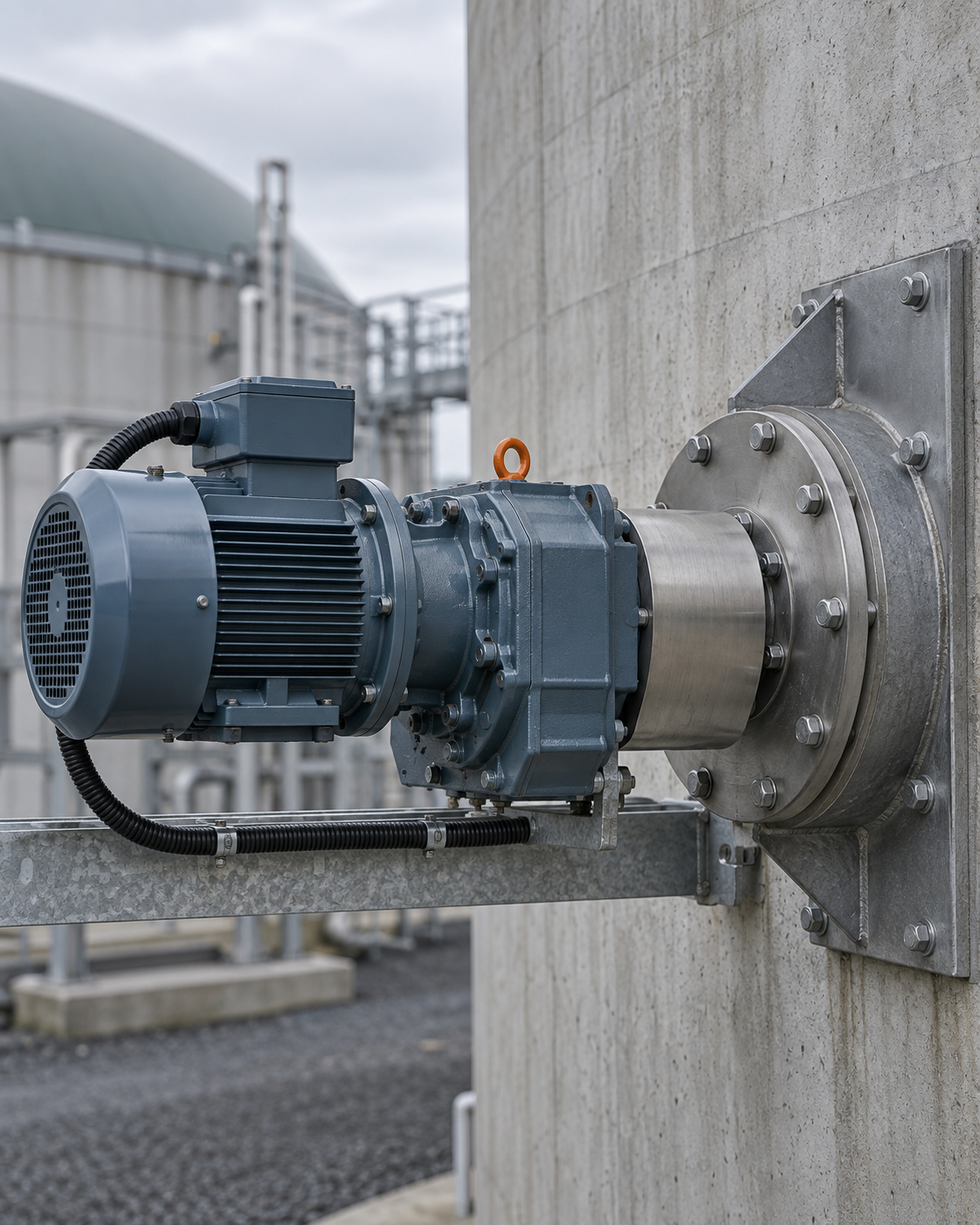 close up of grey biomethane gearbox attached to concreate structure