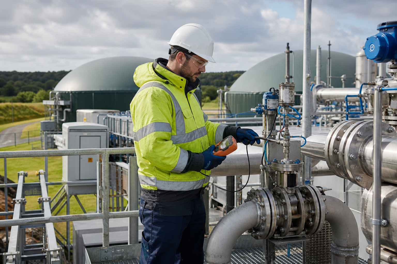 Engineer completing methane checks at a UK anaerobic digestion plant