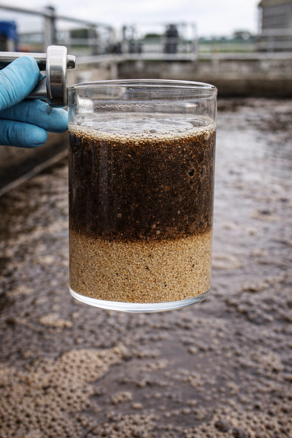 Close-up of sand-laden dairy slurry showing heavy grit and sediment in a reception pit.