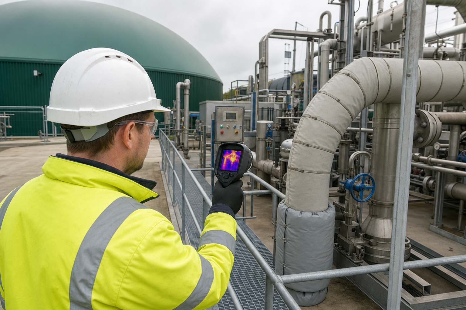 Engineer carrying out thermographic inspection on AD plant pipework