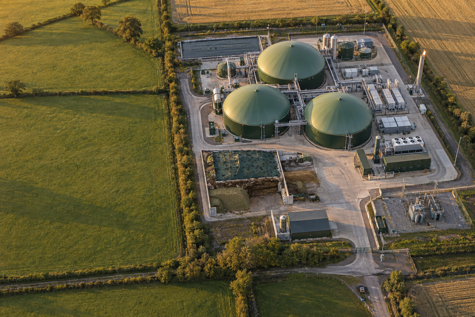 aerial drone image of large AD biogas plant in green field