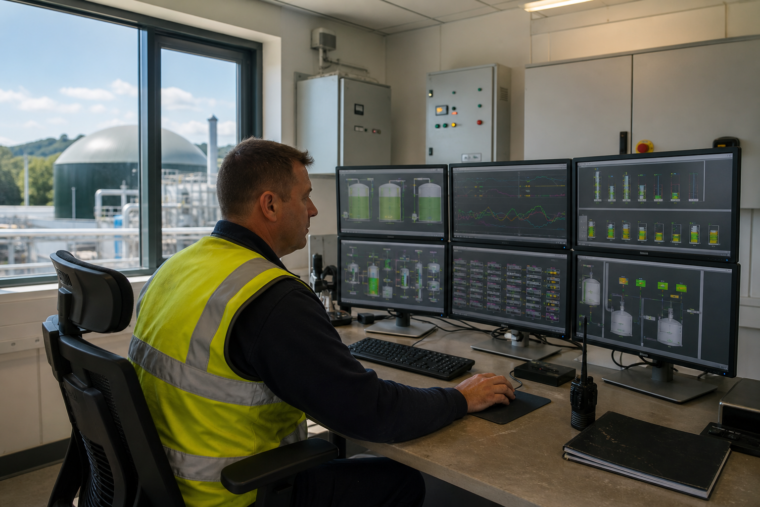 AD operator sat in a control room, AD plant in the background through the window