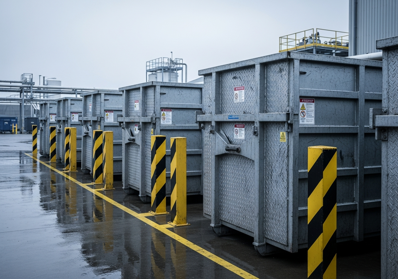 AD yard waste containers, dark day, metal bins