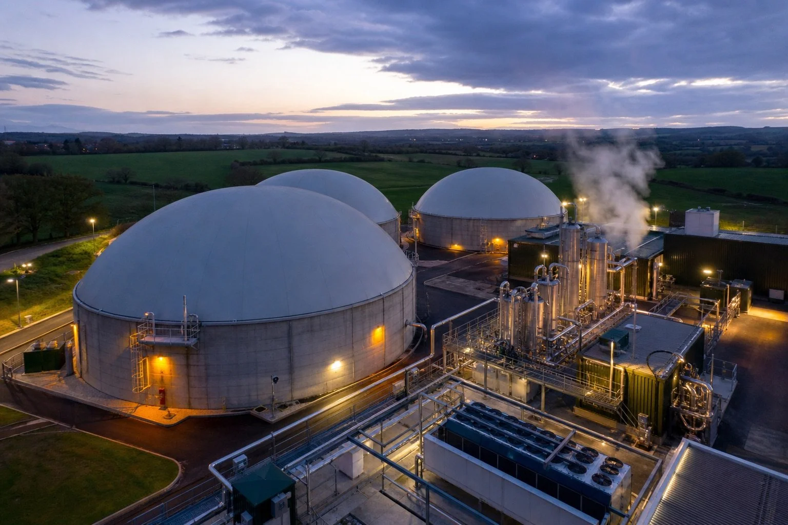 wide-angle photograph of a large-scale UK anaerobic digestion plant at dusk. Three large circular concrete digesters with domed tops, steam rising from a biogas upgrading unit, well-lit operational site, countryside in background.