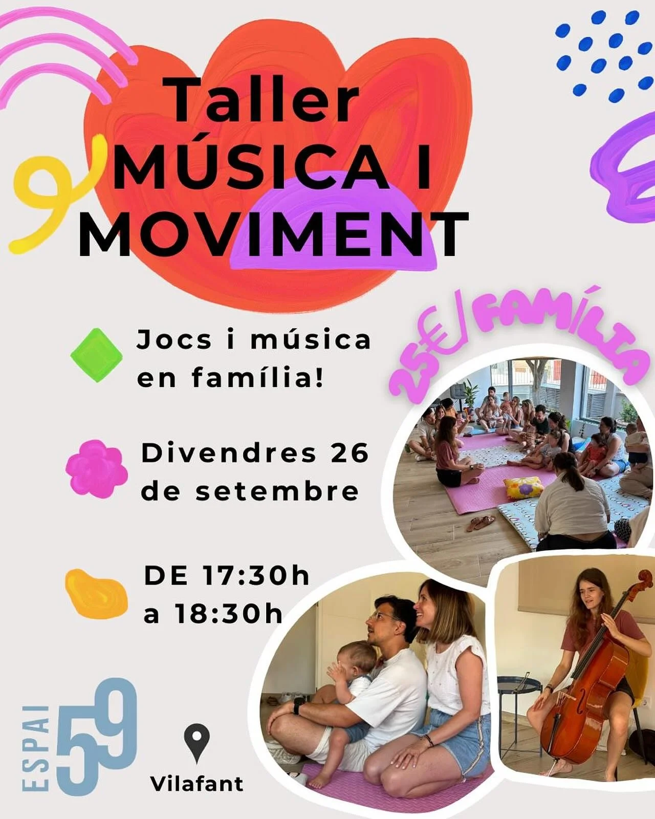 🎶 M&uacute;sica i Moviment per als m&eacute;s petits! 🍼

Un taller pensat per a infants de 0 a 4 anys i les seves fam&iacute;lies per cr&eacute;ixer i gaudir junts! 

💛 Estimula l&rsquo;afectivitat i l&rsquo;escolta
🗣️ Potencia la parla i l&rsquo