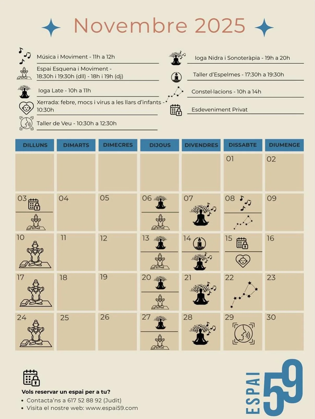 🍂✨Novembre ple d&rsquo;activitats a Espai 59!✨🍂

Aquest mes t&rsquo;esperen tallers, classes i moments per aprendre, crear, cuidar-te i divertir-te! Descobreix tot el que hem preparat!

🌿 Desconnecta, crea i comparteix moments en fam&iacute;lia o 