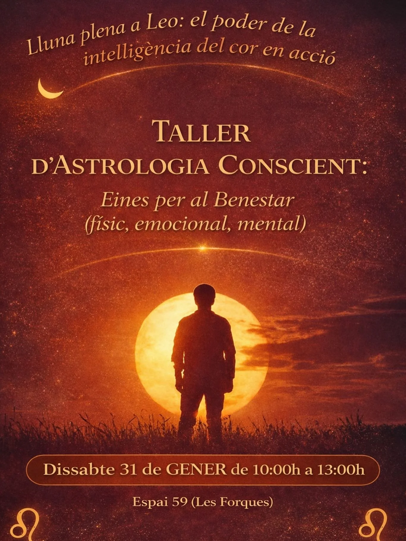 TALLER D&rsquo;ASTROLOGIA CONSCIENT

LLUNA PLENA A LEO ✨ El poder de la intel&middot;lig&egrave;ncia del cor en acci&oacute; ✨

Aquesta Lluna Plena a Leo ens convida a un moment profund de presa de consci&egrave;ncia: el Sol il&middot;lumina la Lluna