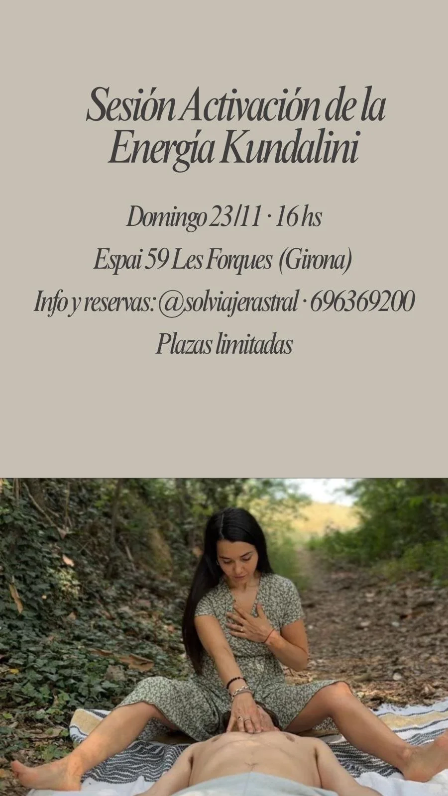 Cartell promocional d’una sessió d’activació d’energia Kundalini a Figueres, amb informació de data, hora, lloc i contacte, acompanyat d’una imatge d’una dona practicant respiració o meditació en plena natura.