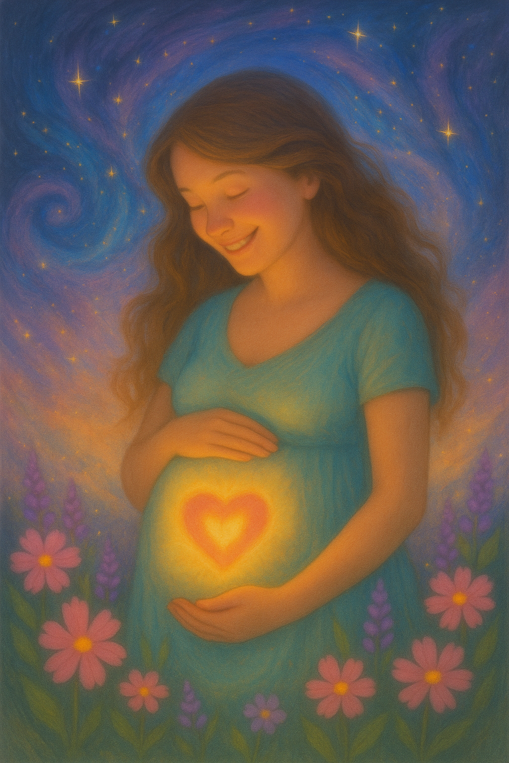 An artistic painting of a smiling pregnant woman with long brown hair, gently holding her belly, which has a glowing heart symbol. The background features a starry night sky with swirling patterns, and pink and purple flowers surround her.