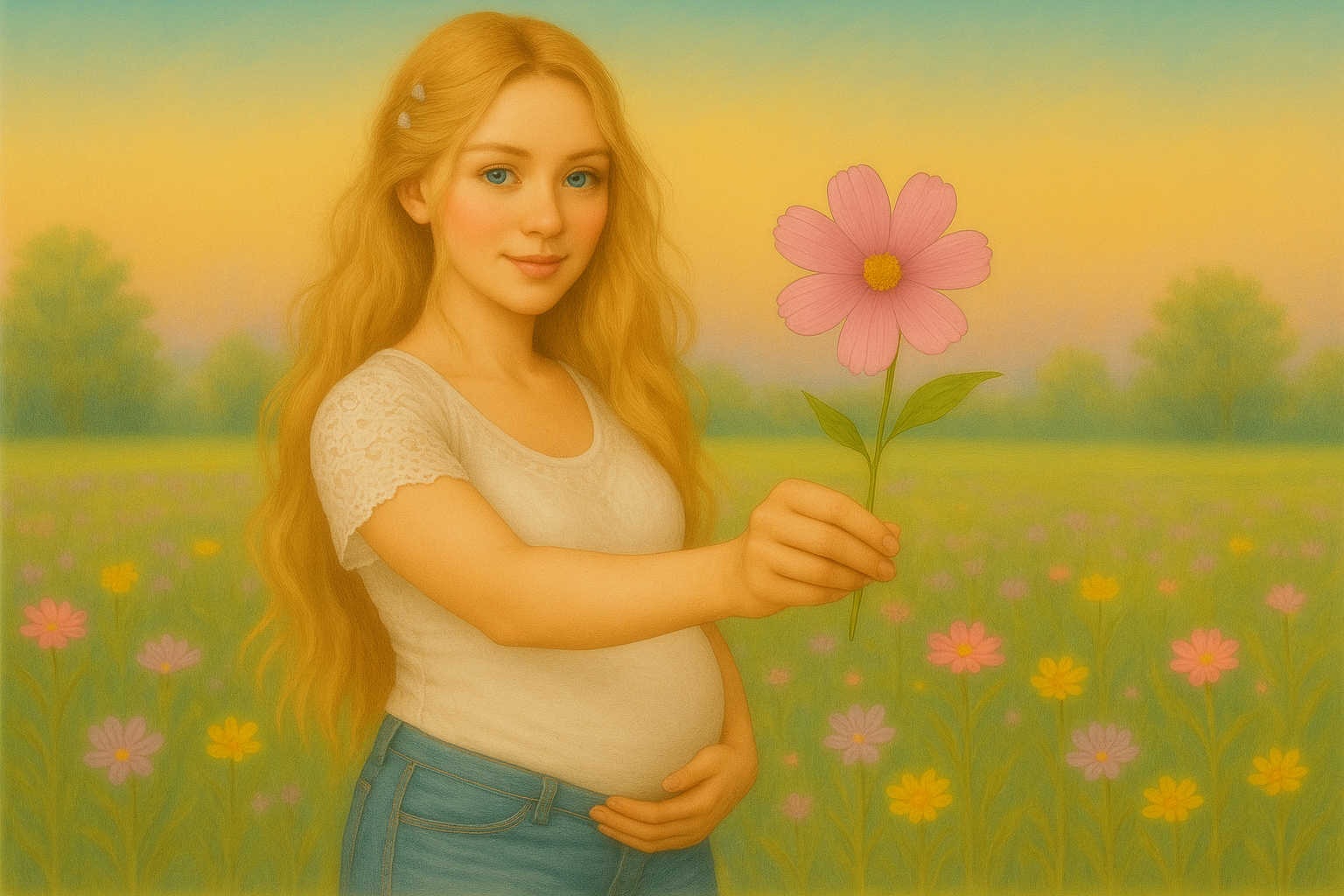 A pregnant woman with long red hair and blue eyes holding a pink flower in a green field with colorful flowers and a blue sky.