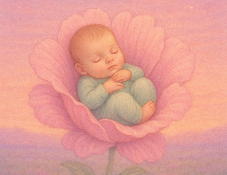 A sleeping baby curled up inside a pink flower, with a soft pastel background.