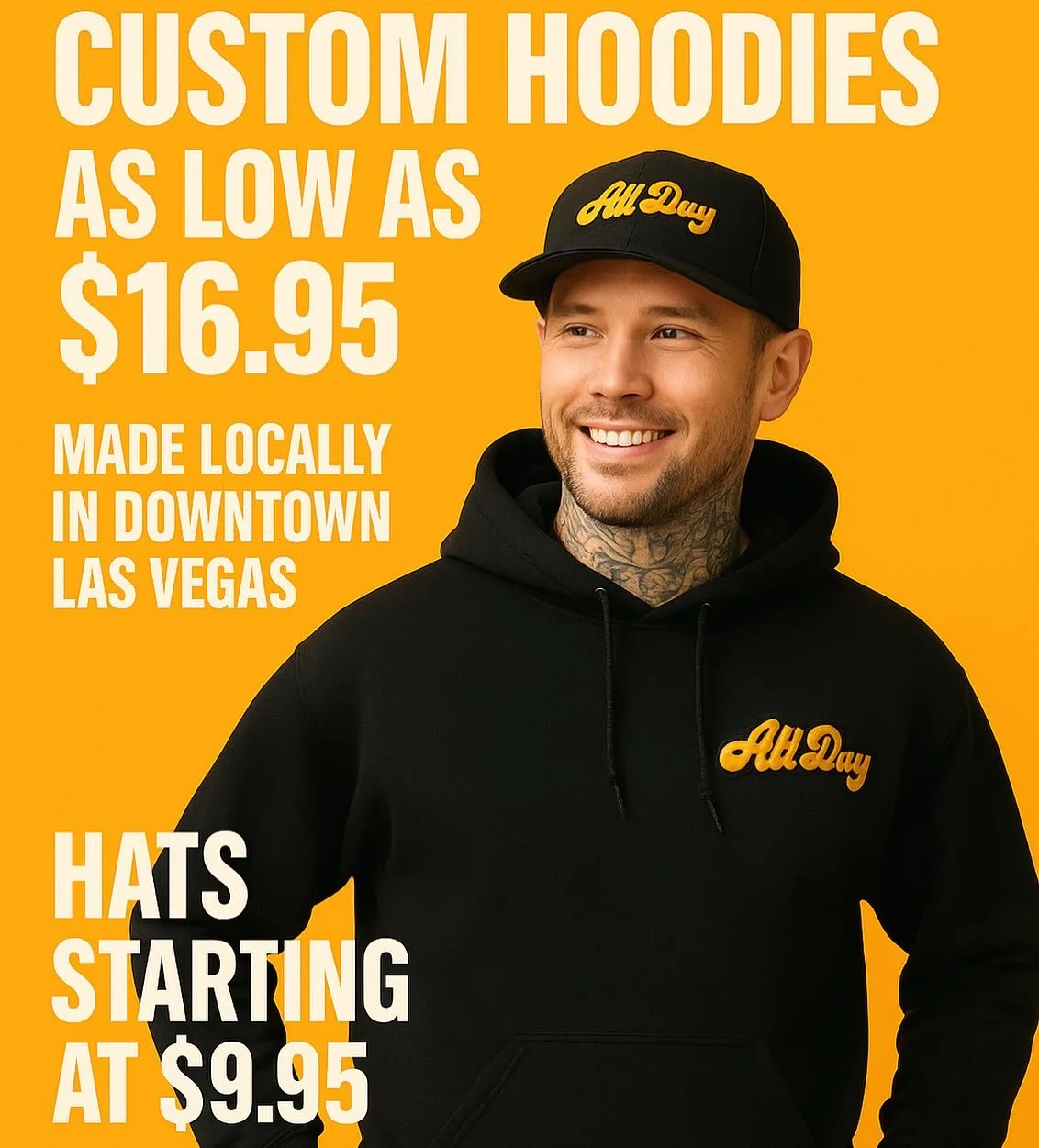 Elevate your brand with custom apparel designed and produced locally in Downtown Las Vegas.
Hoodies starting at $16.95 and hats from $9.95 &mdash; crafted with quality, delivered with care.

✔️ Fast turnaround
✔️ Locally made
✔️ Perfect for businesse