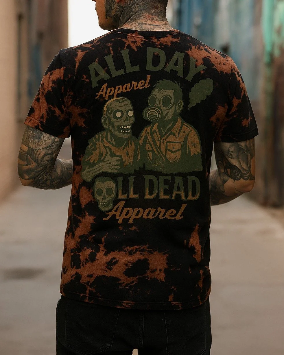 This design just hits different. 🧟&zwj;♂️🔥
Bleach tie-dye, zombies, gas masks&mdash;pure post-apocalyptic vibes.

#AllDayApparel #AllDead #StreetwearArt #postapocalypticstyle