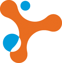 Abstract illustration with orange shapes and blue circles on a black background.