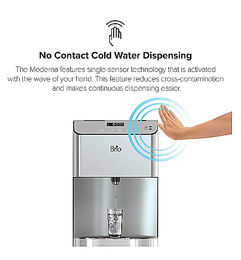 Photo of how the auto dispensing works on the Brio 720 Moderna Touchless Cooler