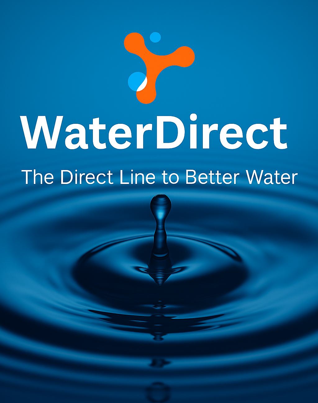 WaterDrop WaterDirect logo with water drop splashing in water and blue background.