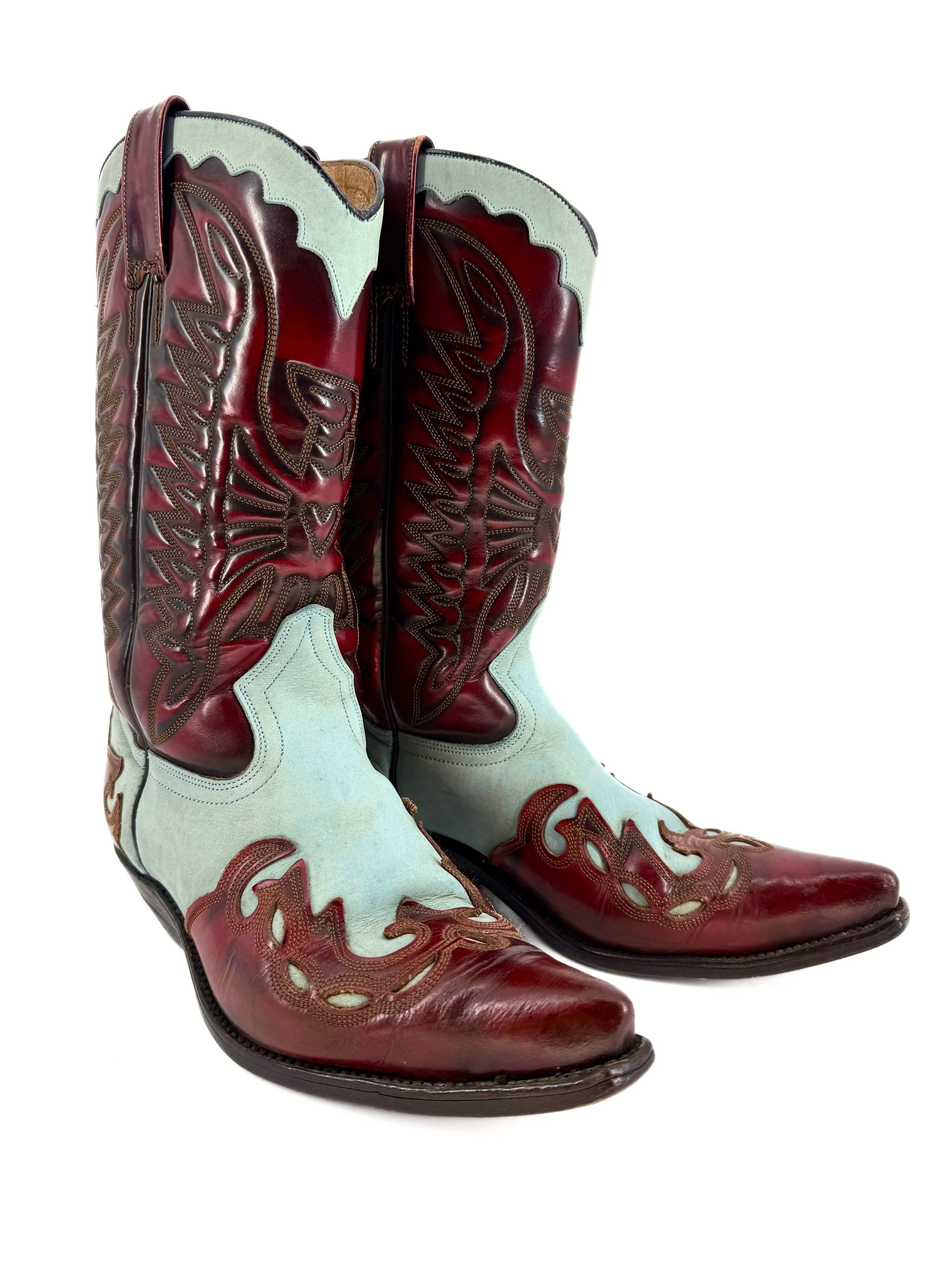 Blue & Patent Leather Oxblood Boots - Size 6UK