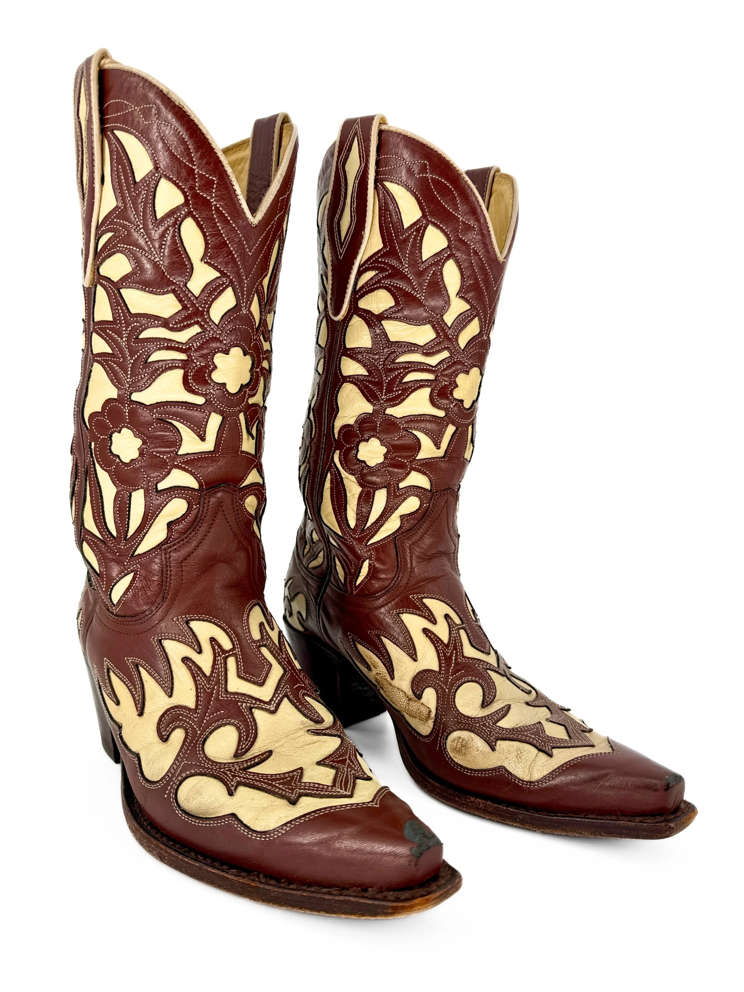Brown and White Floral Inlay Boots- Size 7/8UK