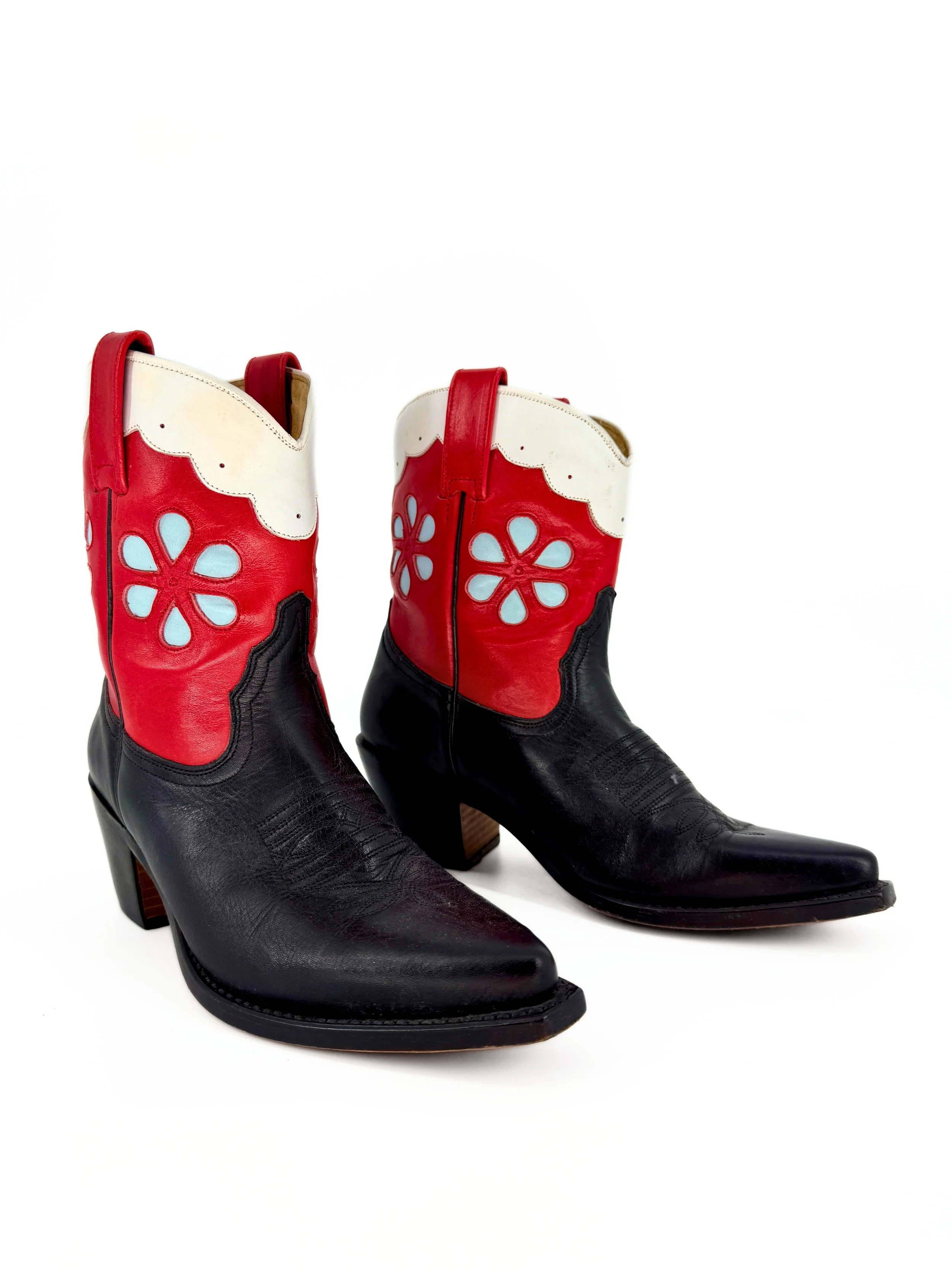 Red and Black Shortie Boots with Blue Flower Inlay - Size 4UK