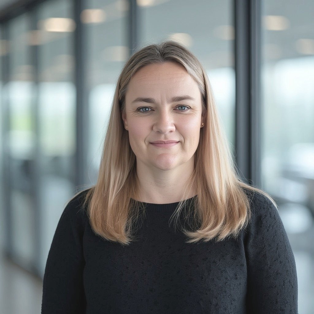 A woman with long blonde hair and blue eyes wearing a black top standing in front of large windows with daylight coming through.