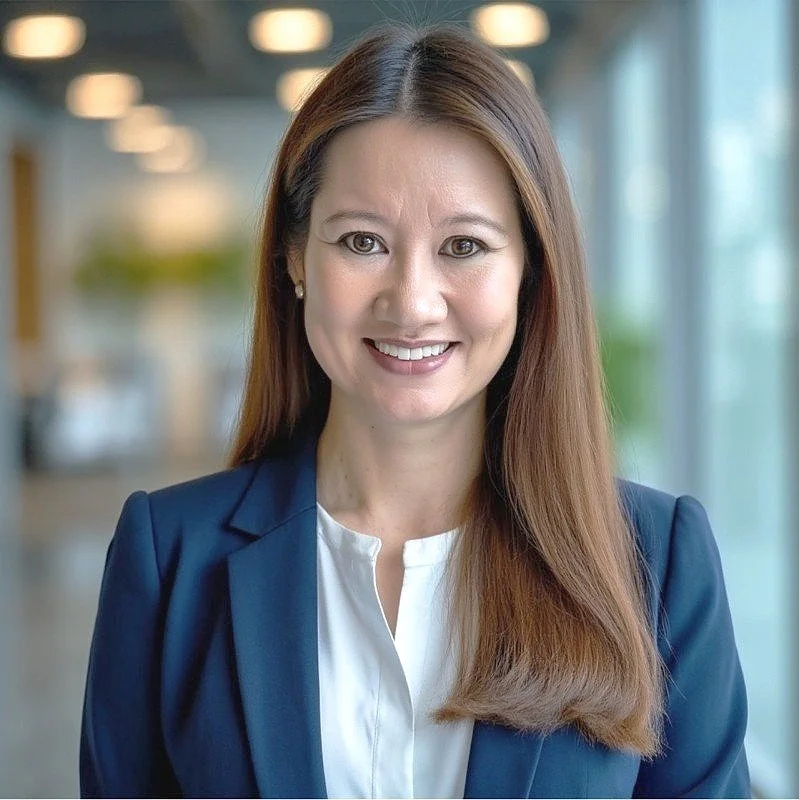 Portrait of a woman with long brown hair, wearing a navy blazer and white blouse, smiling in a modern office setting.