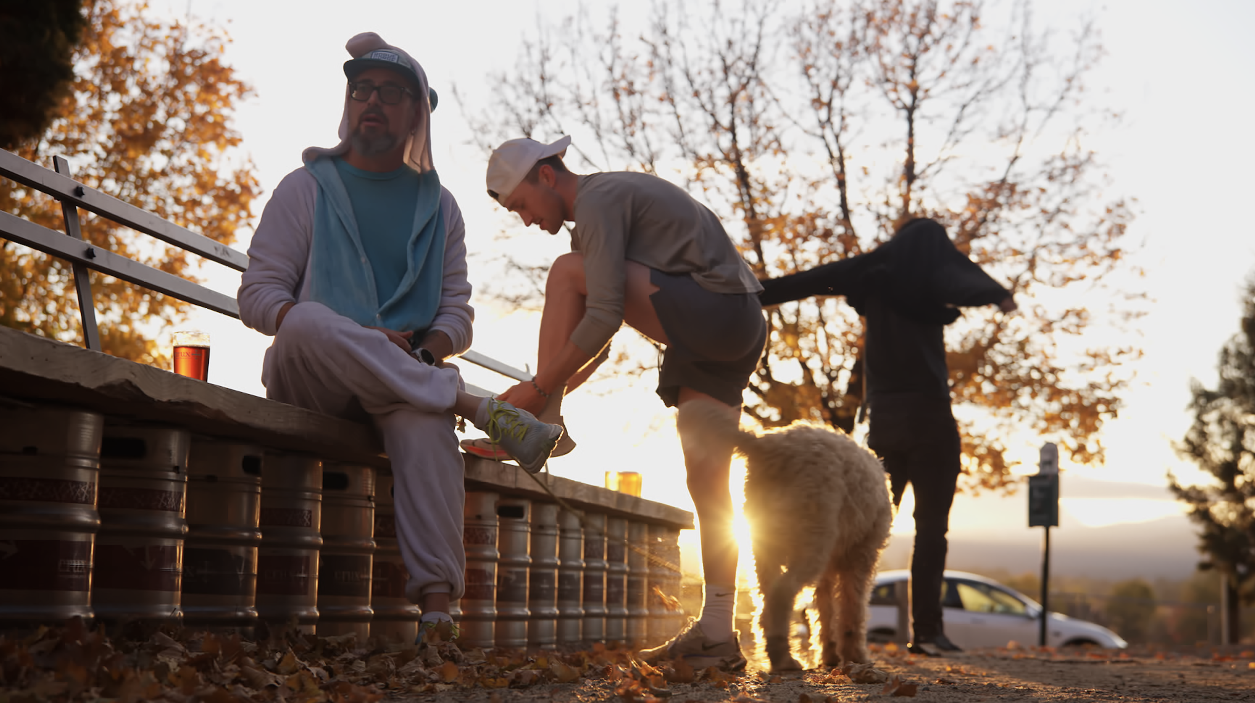 Three men and two dogs at a park during sunset. One man is sitting on a ledge, another is tying a dog's shoe, and the third is standing with a dog. The scene is surrounded by autumn trees with fallen leaves on the ground.
