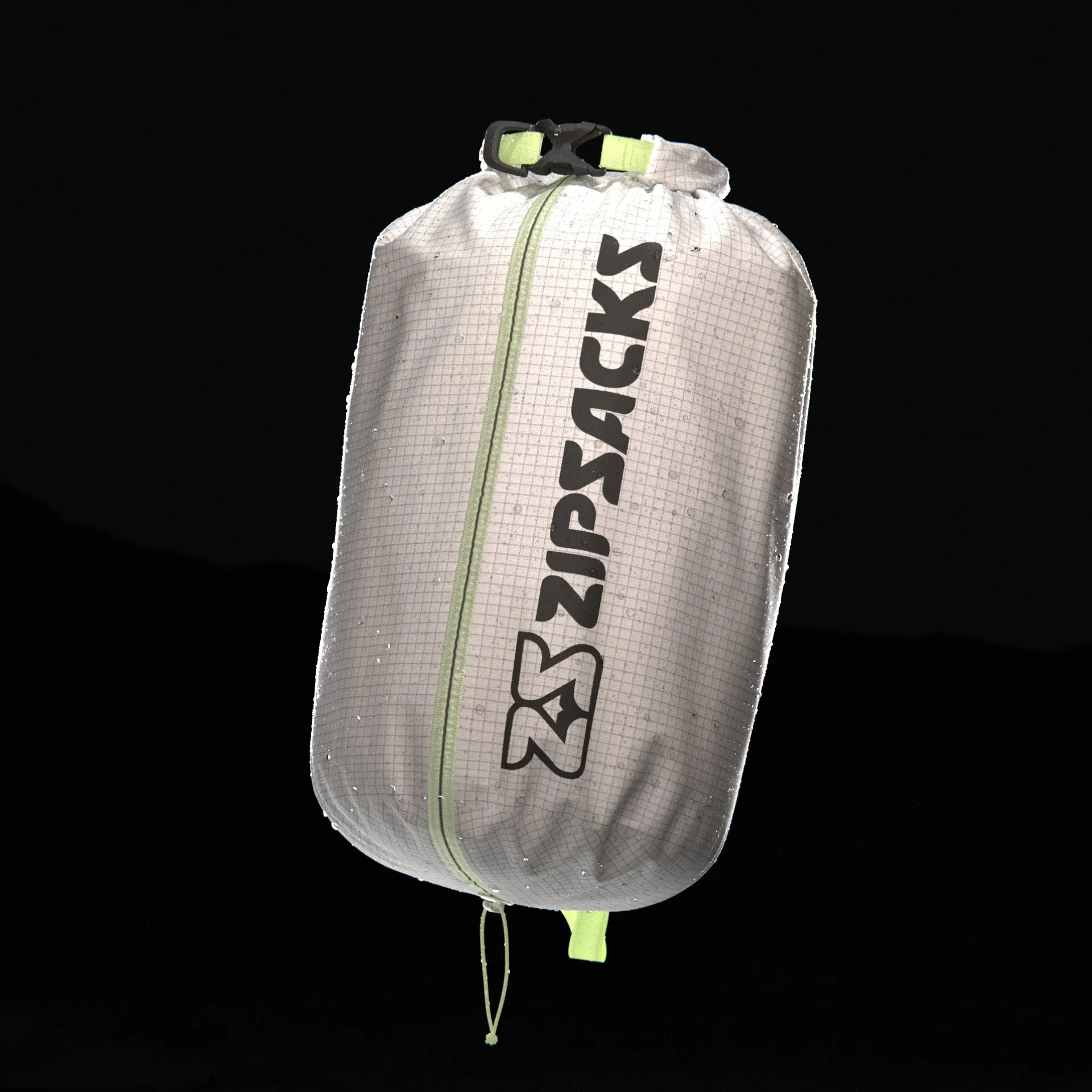 A white SkySack with a zipper and black logo, floating in a dark background with water droplets on its surface.