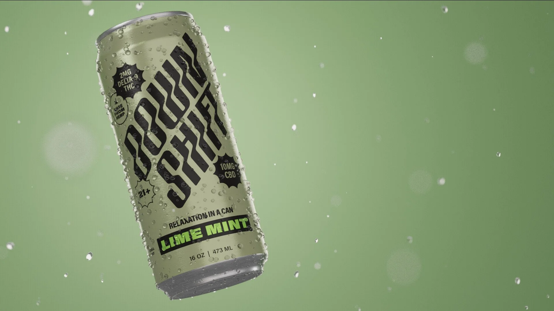 A canned beverage labeled 'POWERSLIDE' with the flavor 'LIME MINT,' surrounded by water droplets and bubbles on a green background.