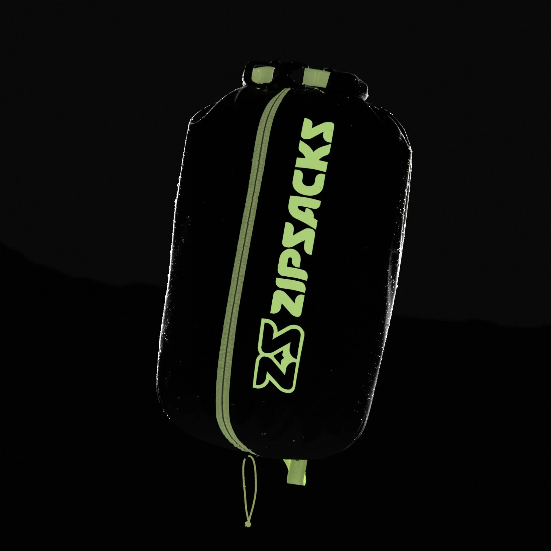 A black and green zippered bag with the brand name "ZIPSACK" printed in large green letters on the side, isolated on a black background.