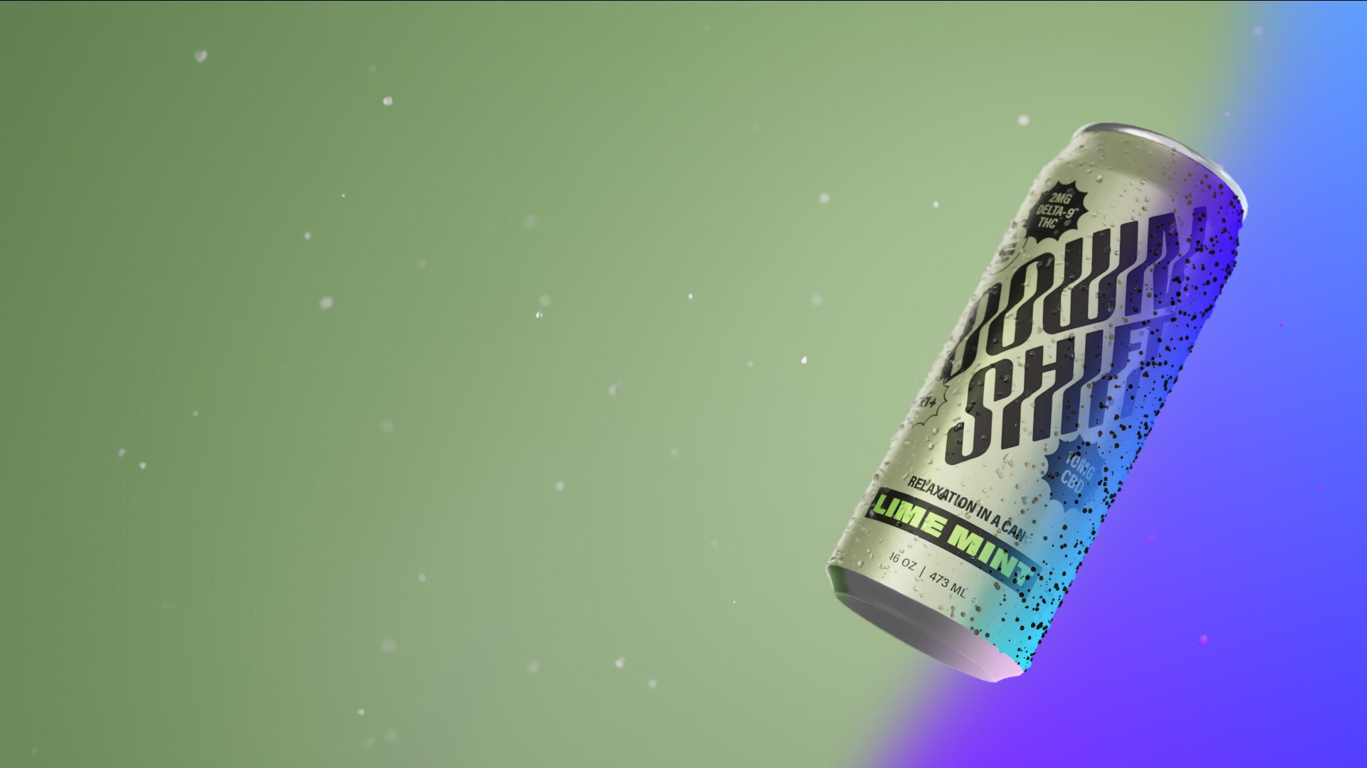A can of Sour Shot Lime Mint THC beverage floating in mid-air with a green and blue gradient background and water droplets on the can.