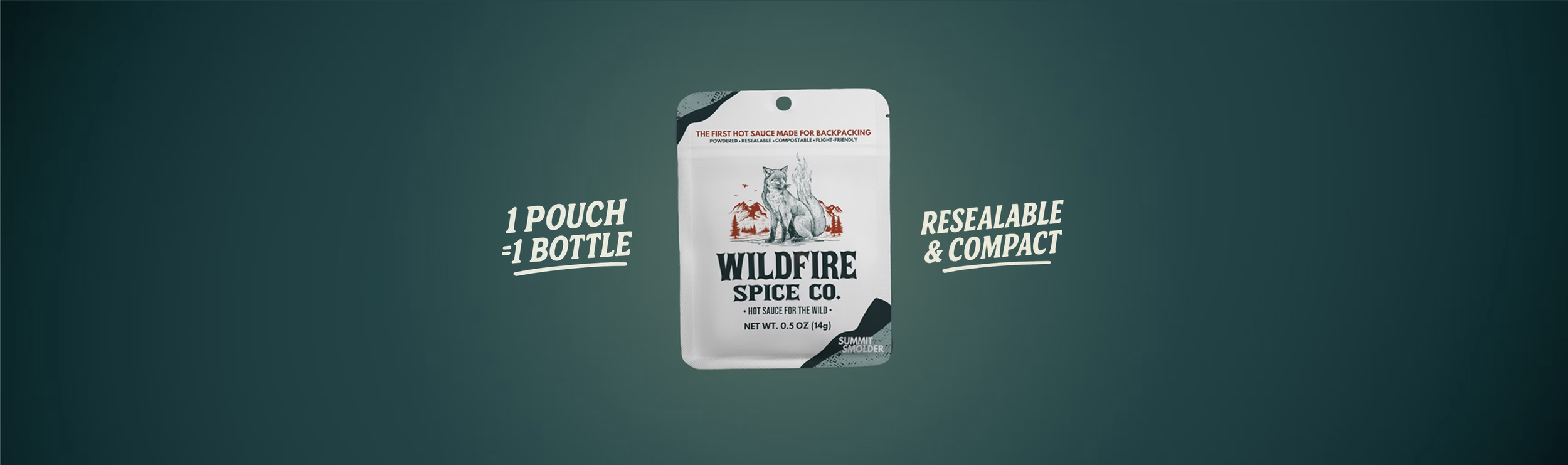 Pouch of Wildfire Spice Co. hot sauce with text indicating it's resealable and compact, containing one pouch equal to one bottle, with a graphic of a howling wolf and a mountain landscape.