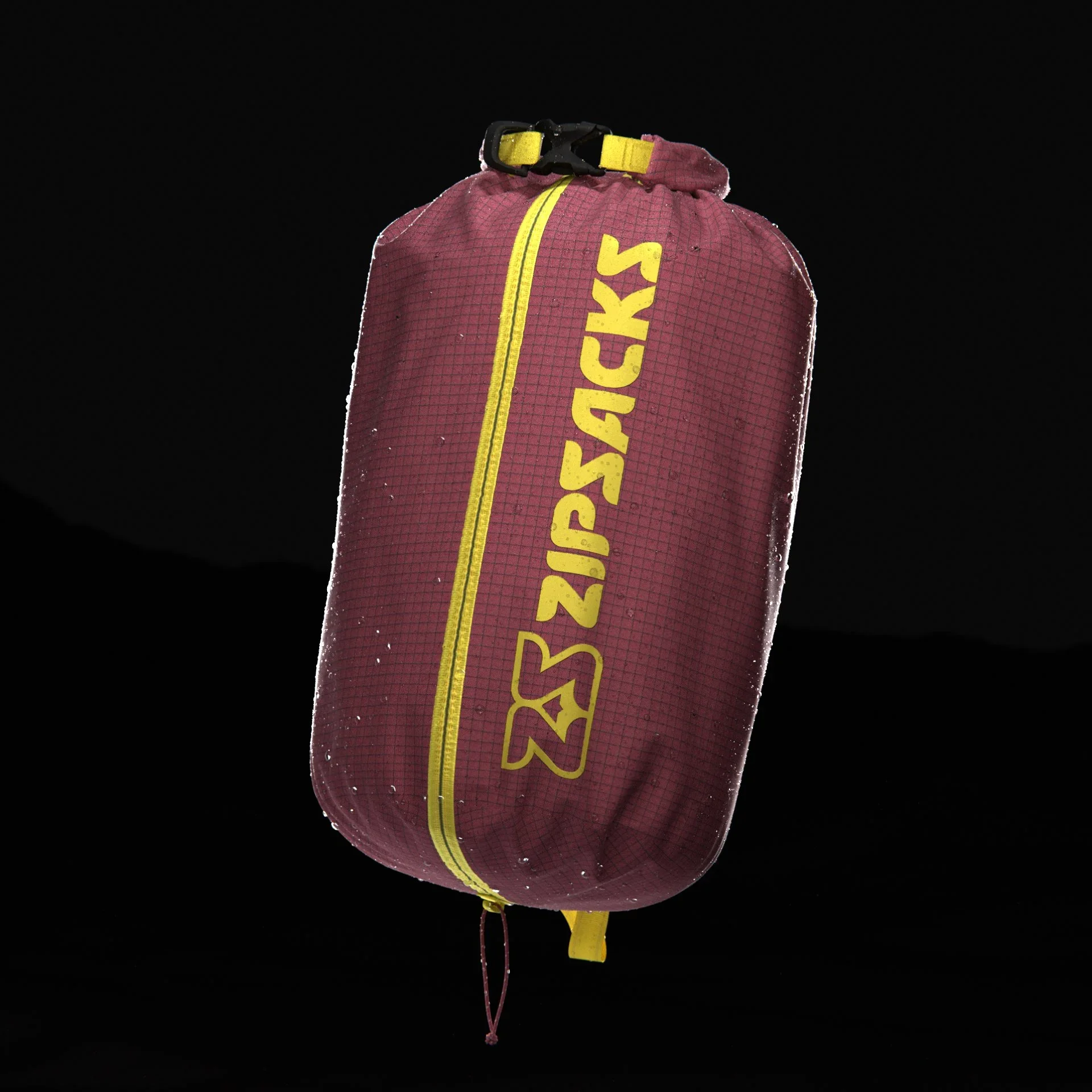 A red Zpacks ultralight backpack with yellow zipper and logo, hanging against a black background, with some water droplets on the surface.