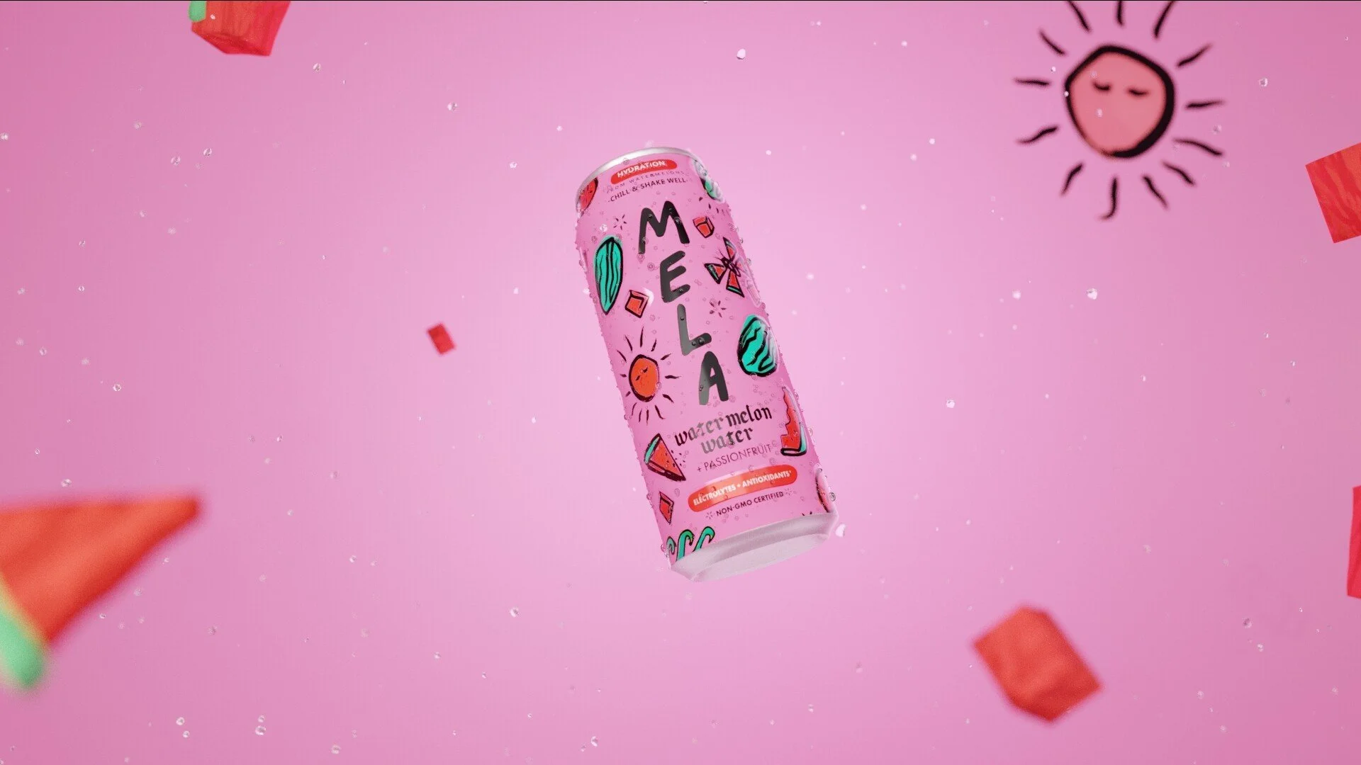 A pink can of MELLA watermelon flavored water with passionfruit floats in mid-air against a pink background with small white sparkles, scattered red geometric shapes, and a simple black drawing of a smiling sun.