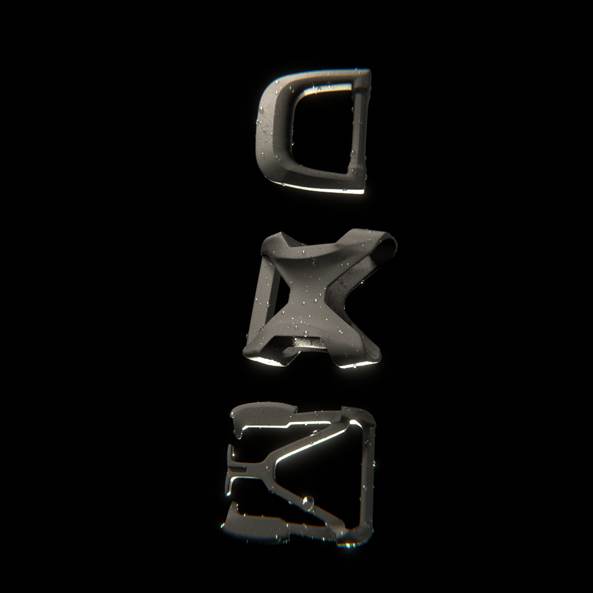 Three metallic lego-like clips hanging vertically against a black background with water droplets on them.