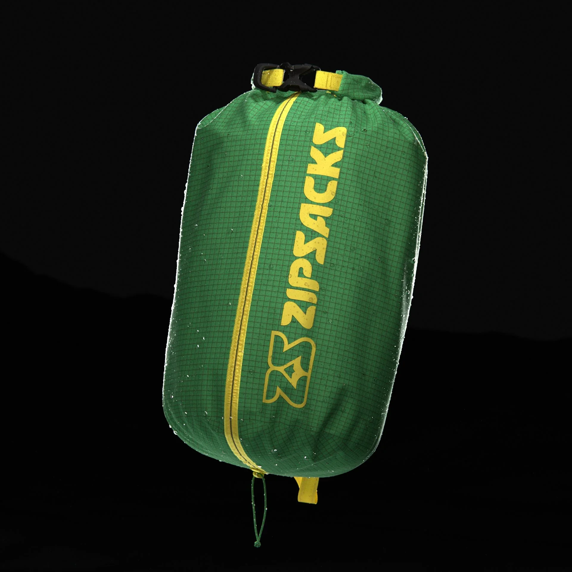 A green Zeuspack dry bag with yellow zipper and straps, floating against a black background.
