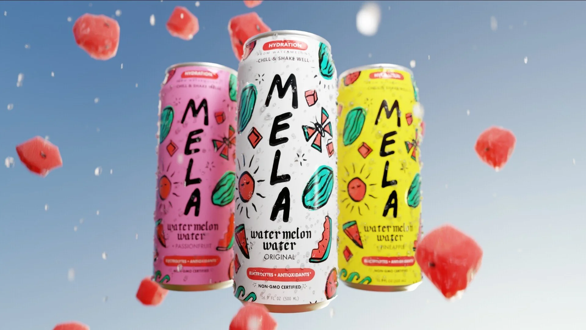 Three cans of Mela watermelons flavored water in pink, white, and yellow, with illustrations of watermelons, cacti, and suns, surrounded by watermelon pieces floating in the air against a blue sky background.