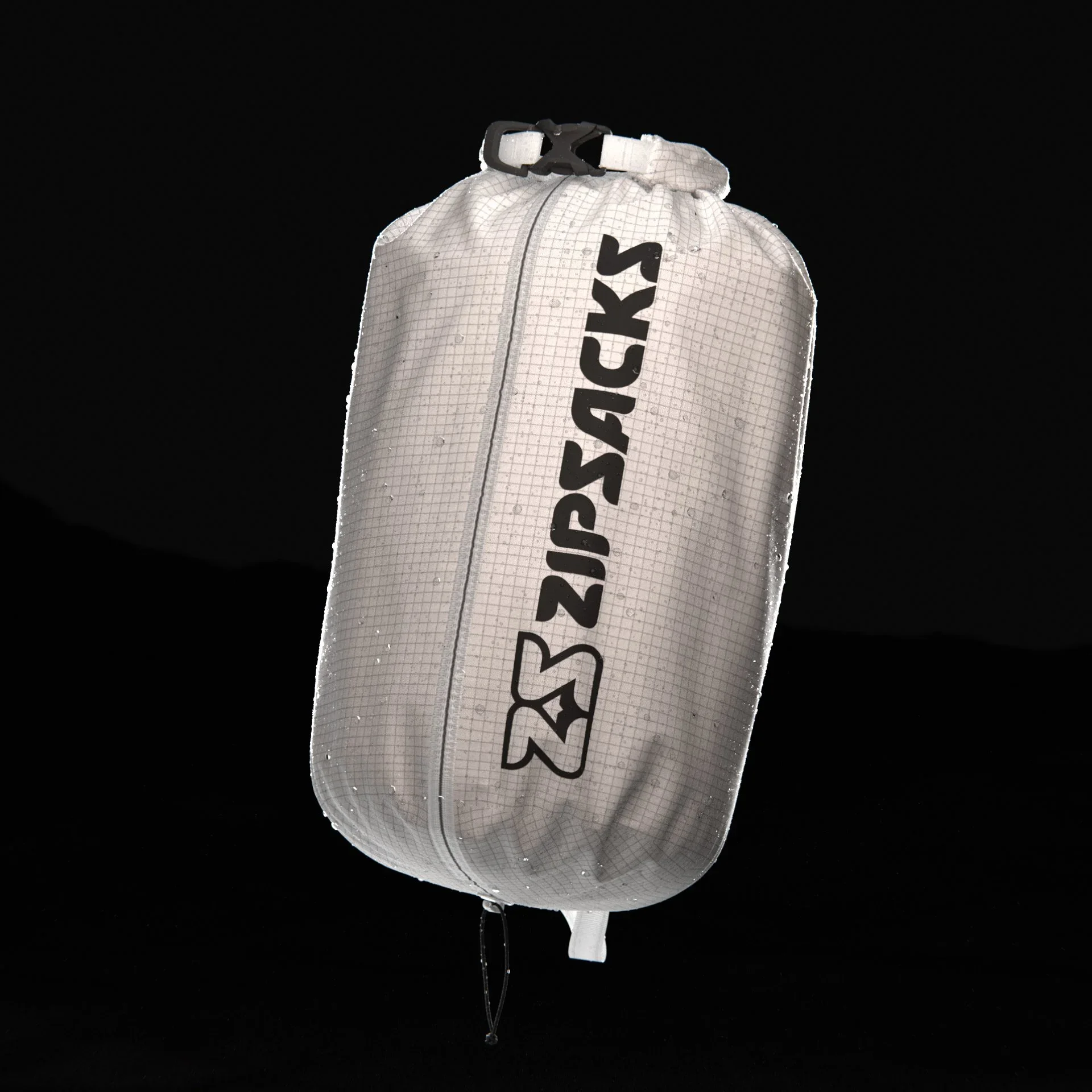 A Zippacks branded water or gear storage bag hanging against a black background.