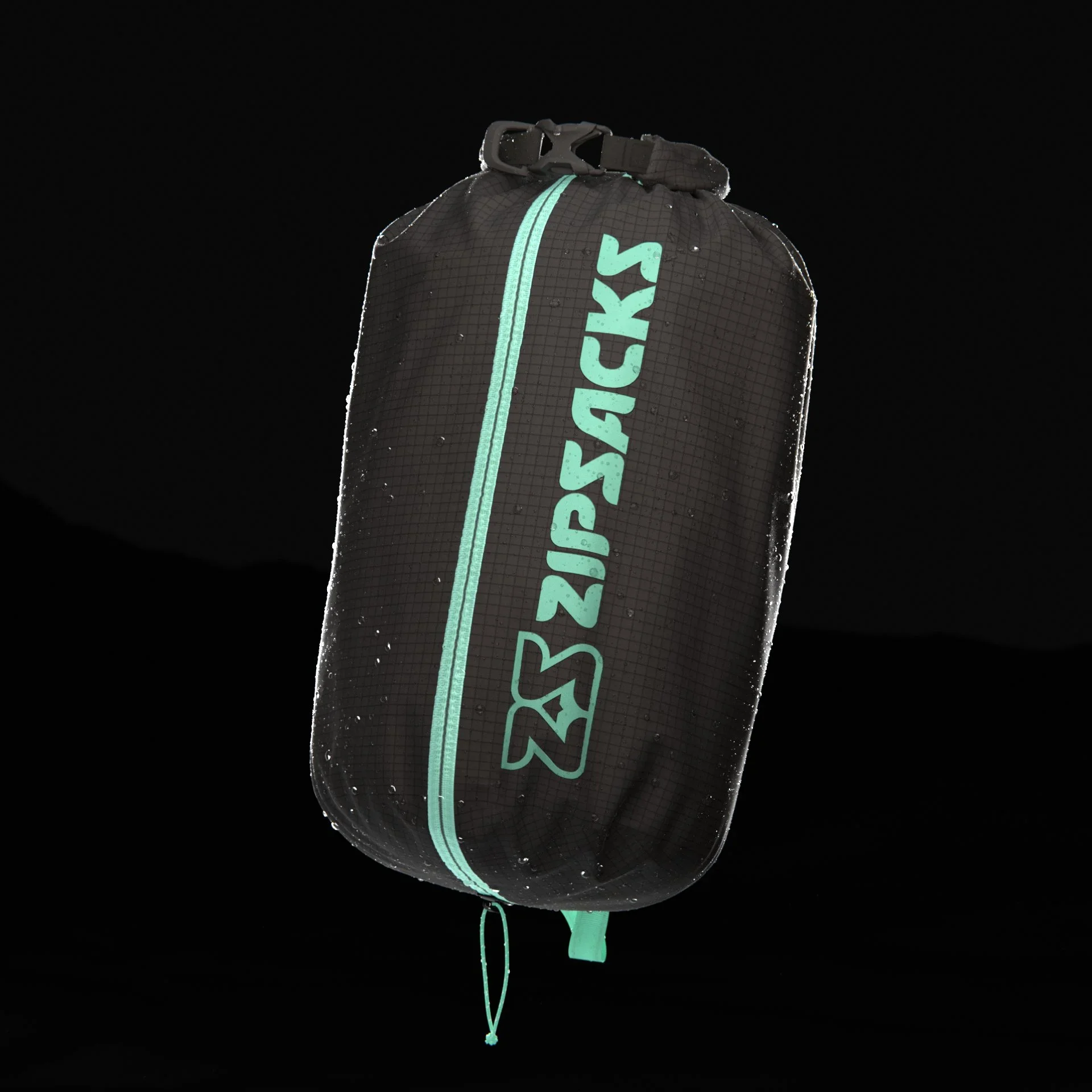 Black Zippack backpack with aqua accents and water droplets, set against a dark background.