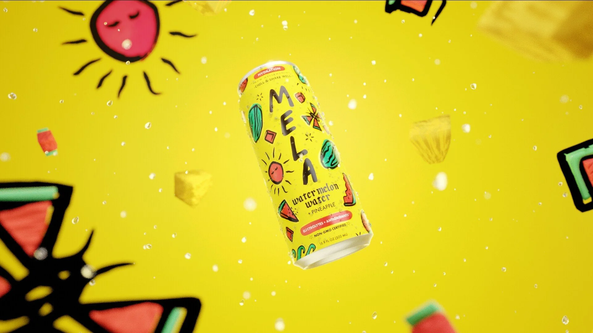 A can of Melas watermelon and pineapple flavored sparkling water suspended in midair with a bright yellow background, decorated with cartoon drawings of a smiling sun, watermelon slices, and geometric shapes, with small bubbles floating around.