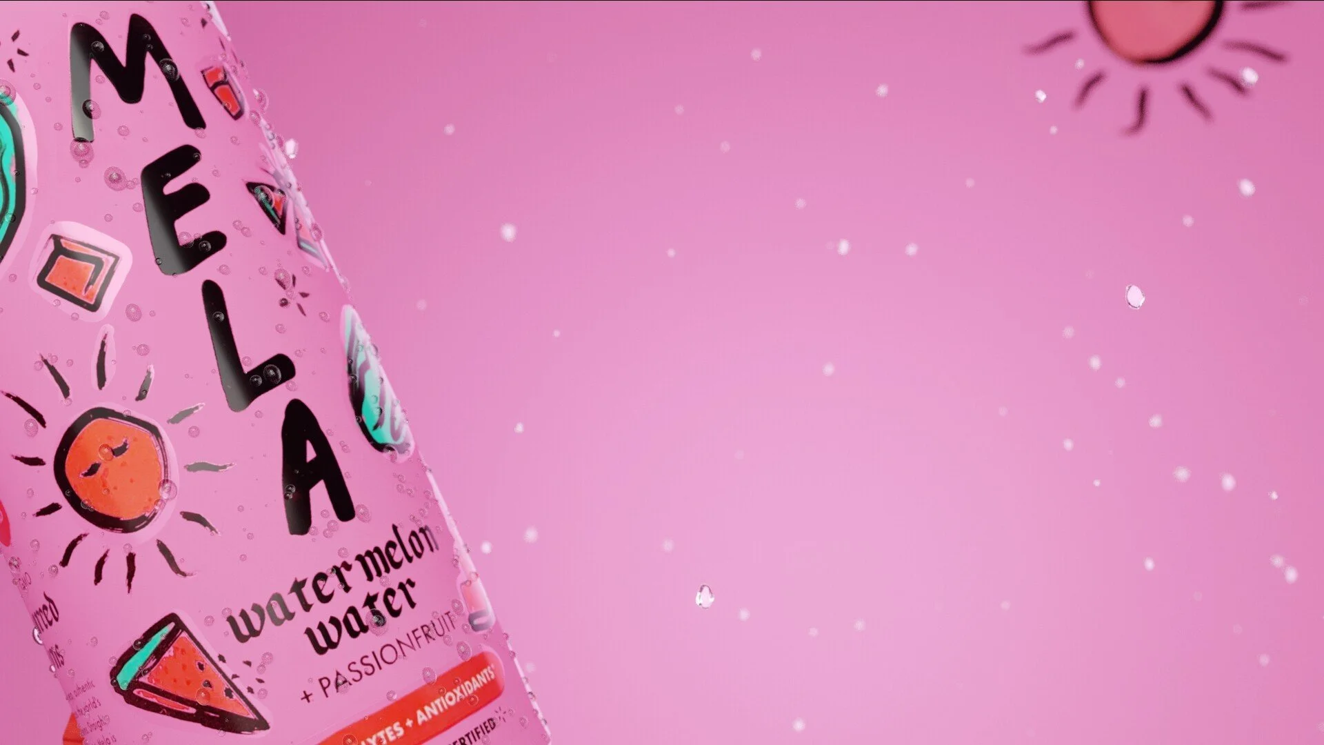 Pink can of watermelon flavored sparkling water with passionfruit. The can has colorful fruit illustrations and black text. Background is pink with white bubbles.