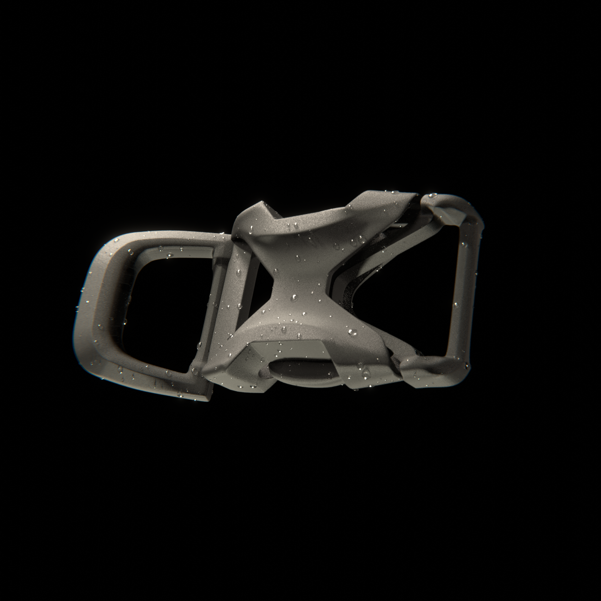 A crumpled gray plastic buckle with water droplets on it, floating against a black background.