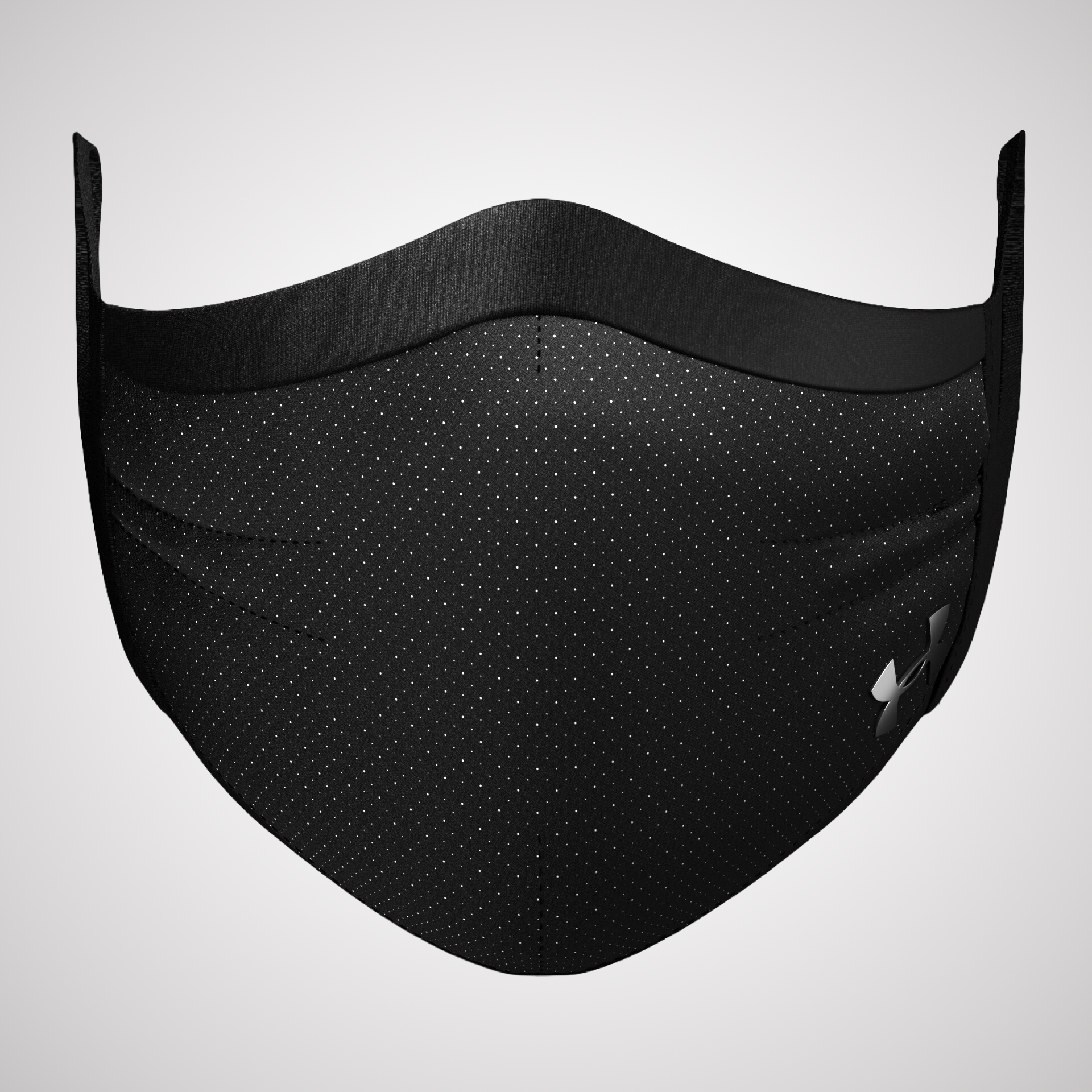 Black face mask with small white dots and a logo on the side