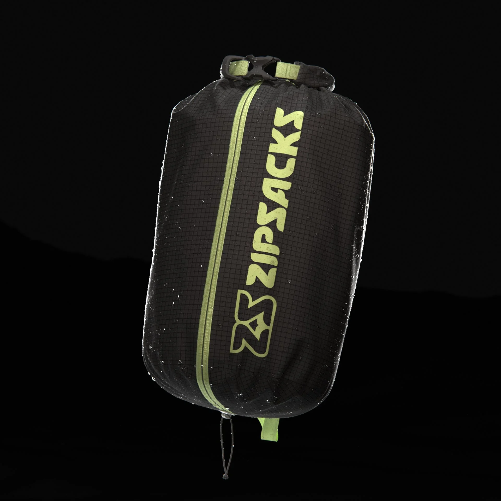 A black Zeuspack backpack with green accents and water droplets against a dark background.