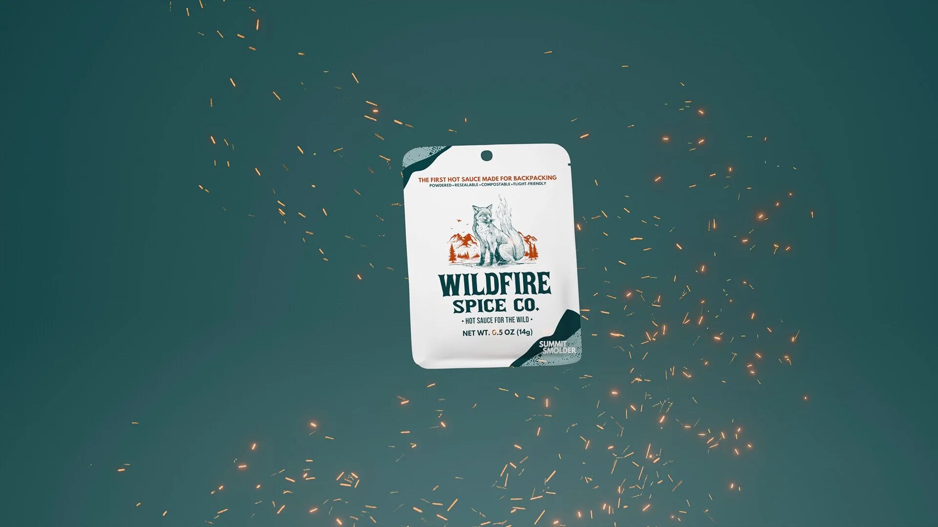 Package of Wildfire Spice Co. hot sauce for backpacking, surrounded by sparks against a teal background.