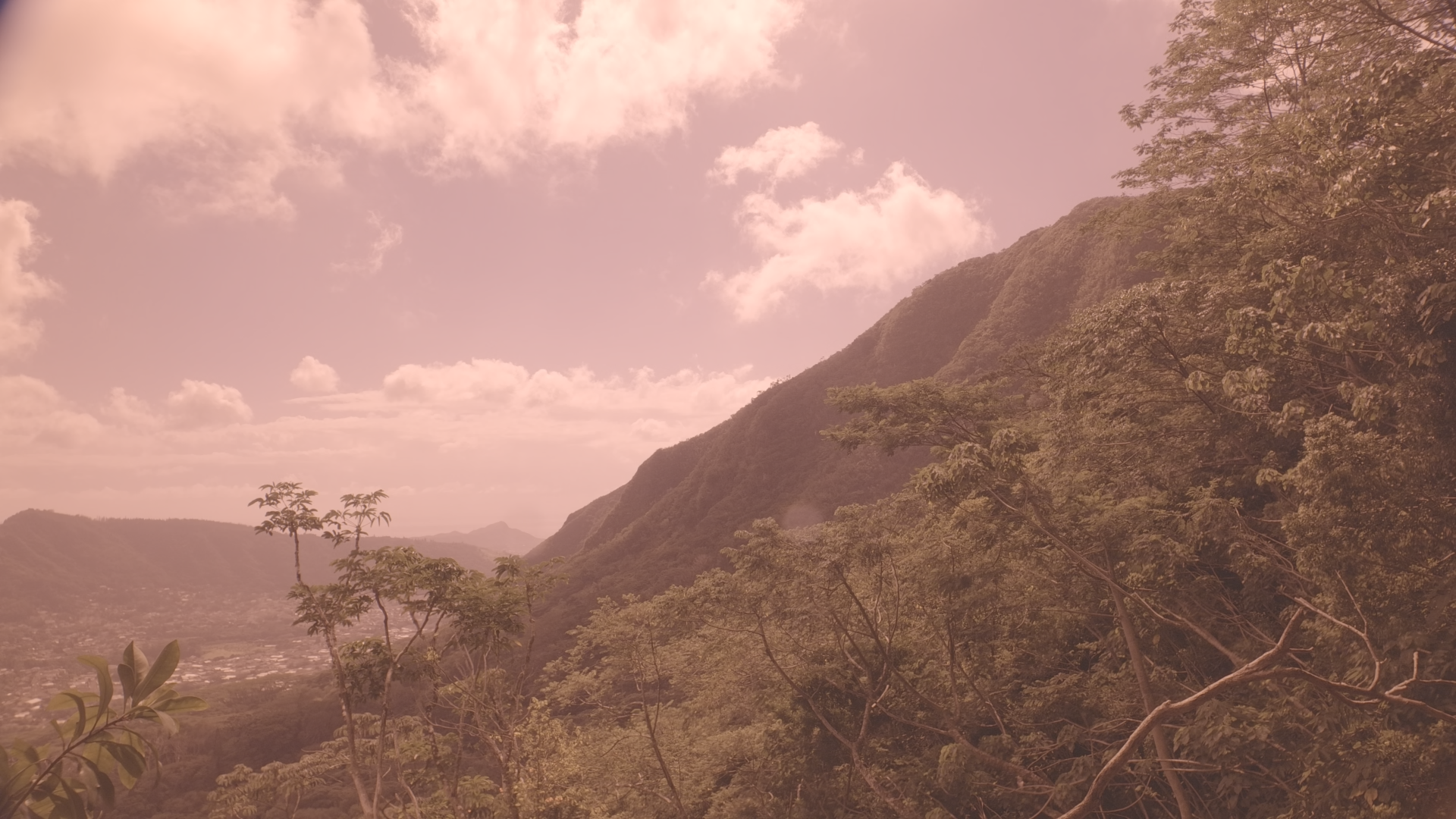 Mountain landscape with green trees, cloudy sky, and distant hills.