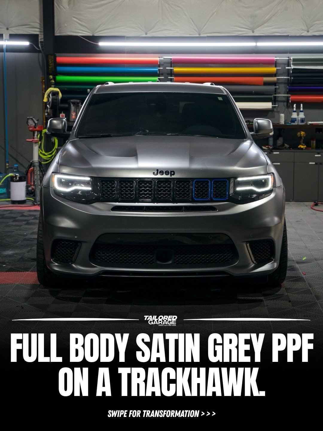 This color looks INSANE on this track hawk🦇

Full body colored PPF is all wrapped up on this thing and wow, sh*t looks mean. A couple months ago we painted a couple accents blue, and they really pop out on this stealth color!

📸 by Cole Peterson @s