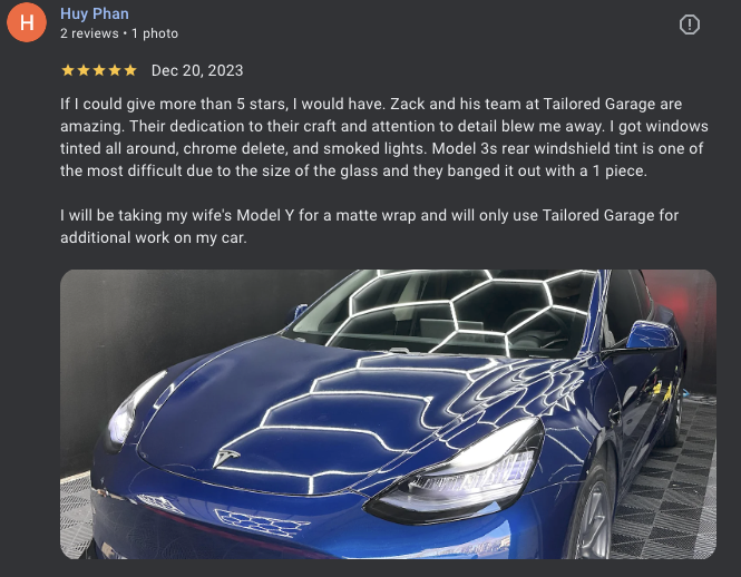 customer review featuring a blue Tesla Model 3 with high-gloss window tint installed at Tailored Garage South Hill, Puyallup WA.