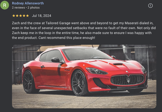 Customer review screenshot showing a red Maserati with completed window tint and auto restyling work by Tailored Garage in South Hill, Puyallup WA.